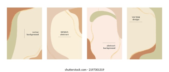 Abstract background, minimal natural shapes. Pastel spa posters or social media stories design, autumn art color with golden lines, elegant fashion backdrop. Vector texture templates collection