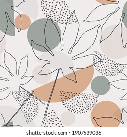 Abstract background in minimal style. Modern vector seamless pattern with tropical palm leaf one line art, dots texture, geometric shape for minimalist print, cover, boho home decor, wallpaper