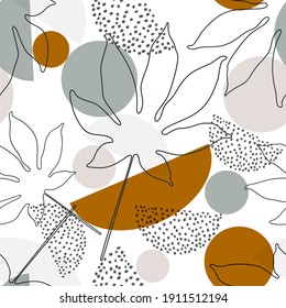Abstract background in minimal style. Modern vector seamless pattern with tropical palm leaf one line art, dots texture, geometric shape for minimalist print, cover, boho home decor, wallpaper