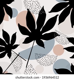 Abstract background in minimal style. Modern vector seamless pattern with tropical palm leaf one line art, dots texture, geometric shape for minimalist print, cover, boho home decor, wallpaper