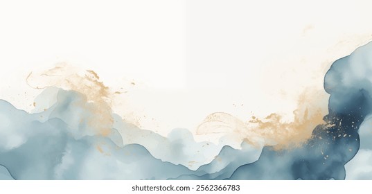 Abstraktes, minimalistisches Hintergrunddesign mit fließenden Pinselstrichen in harmonischen Blau-, Beige- und Goldtönen. Aquarell Tapete zarte Balance zwischen dem kühlen Blau und warmen Beige