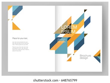 Abstract background Minimalistic Brochure / catalog. Summer colours: blue, yellow & brown. Booklet, annual report cover template. modern Geometric Diagonal triangles & lines. vector-stock illustration