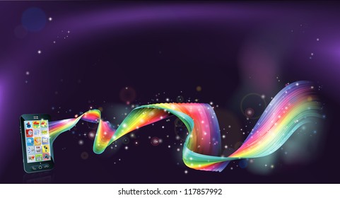 An abstract background with mobile cell phone with a rainbow flowing from it