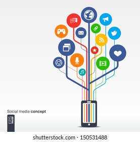 Abstract Background With Mobile Phone, Lines, Circles And Icons. Growth Tree Concept With Social Media, Earth, Network, Computer, Technology, Mobile And Speech Bubble Icon. Vector Illustration.