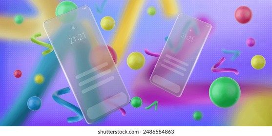 Abstract background with mobile phone screen interface on blur rectangular transparent glass floating over colorful sphere and geometric elements. Realistic 3d vector glassmorphism bg with smartphone.