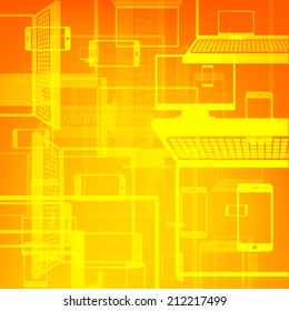 Abstract background with mobile phones, computers, notebooks, displays, monitors. Vector illustration.