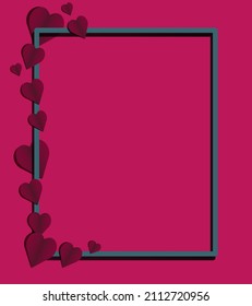 Abstract background mockup with frame and hearts in paper cut style in neon and dark colors. Valentine's day card with frame for text. Postcard, invitation, poster, post.