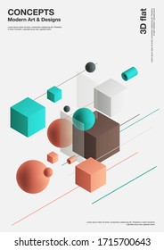 Abstract background, modern composition of geometric shapes. Cube, sphere, cylinder, line. 3d illustration.
