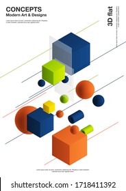 Abstract background, modern composition of geometric shapes. Cube, sphere, cylinder, line. 3d illustration.