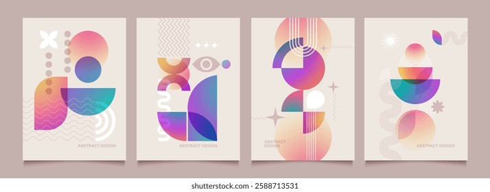 Abstract  background in modern design. Posters with line art shapes and geometric gradient elements. Minimal graphic banners templates.
Vector retro patterns for cover etc. 
