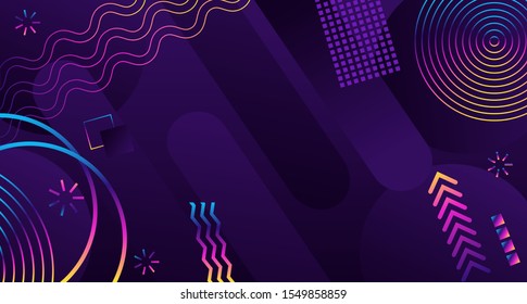 Abstract background in modern futuristic style. Banner with chaotic geometric shapes. Rainbow circles and stripes on a dark background.
