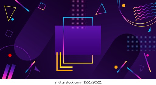 Abstract background in modern futuristic style. Frame with chaotic geometric shapes. Rainbow circles and stripes on a dark background.
