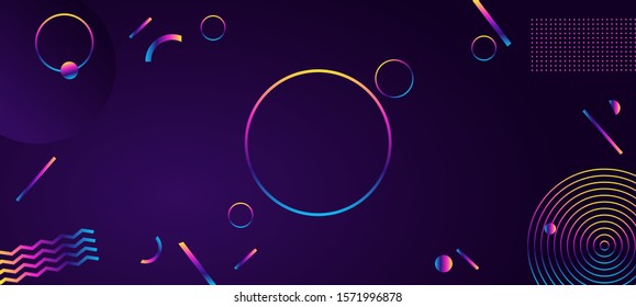 Abstract background in modern futuristic style with soap bubble. Banner with chaotic geometric shapes. Rainbow circles and stripes on a dark background.
