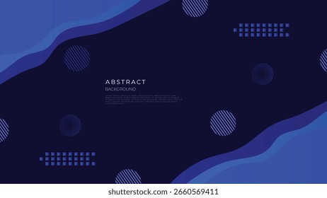 abstract background modern geometric shapes, including circles with striped patterns and layered, wavy blue shapes on a dark navy blue backdrop.