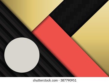 Abstract background.  Modern material design with multicolored geometric shapes and textures. Colorful round and stripes with shadow. Carbon and stripped textures. Vector illustration.