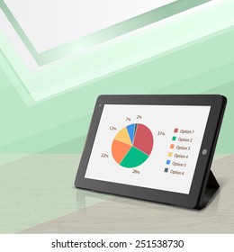 Abstract background with modern tablet and pie chart on it's screen, vector illustration