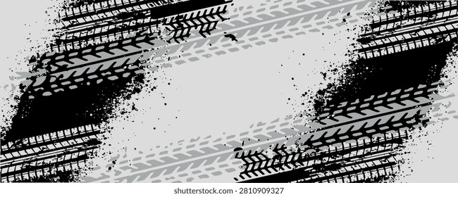 Abstract background with modern tire skid and grunge scratches. Textured tread design with empty space for automotive poster, racetrack concept, racing vehicle presentation. EPS. 2