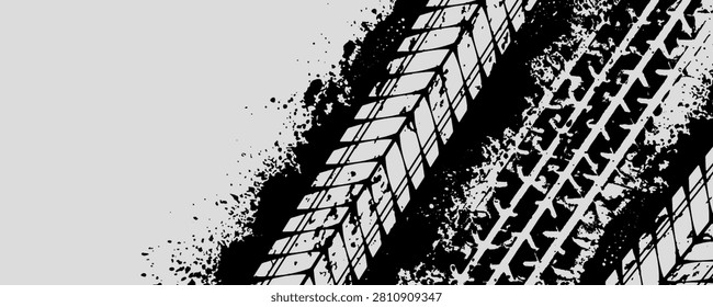 Abstract background with modern tire skid and grunge scratches. Textured tread design with empty space for automotive poster, racetrack concept, racing vehicle presentation. EPS. 3