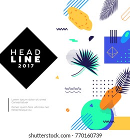 Abstract Background - modern vector template illustration on white background with place for your text. Heading formed in a dark lozenge frame. Tropical, exotic theme, palm leaves and bright colors