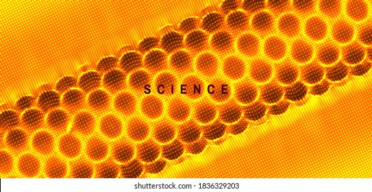 Resumo com estrutura molecular. Estrutura de grade com partículas brilhantes. Estilo de luxo. Conceito de micromundo de ficção científica.  Ilustração de vetor 3D. 