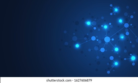 Abstract background of molecular structures. Molecules or DNA strand, genetic engineering, neural network, innovation technology, scientific research. Technological, science and medicine concept.