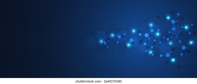 Fondo abstracto de las estructuras moleculares. Moléculas o hebras de ADN, ingeniería genética, red neural, tecnología de innovación, investigación científica. Concepto tecnológico, científico y médico.