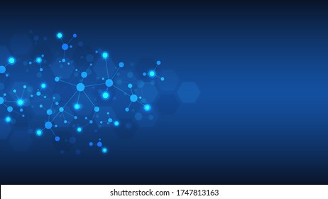Abstract background of molecular structures. Molecules or DNA strand, genetic engineering, neural network, innovation technology, scientific research. Technological, science and medicine concept.