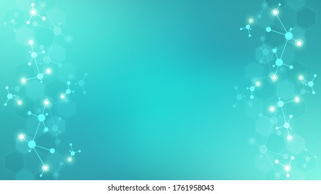 Abstract background of molecular structures. Molecules or DNA strand, genetic engineering, neural network, innovation technology, scientific research. Technological, science and medicine concept.