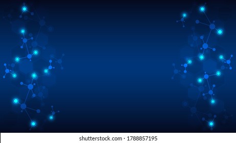 Abstract background of molecular structures. Molecules or DNA strand, genetic engineering, neural network, innovation technology, scientific research. Technological, science and medicine concept.