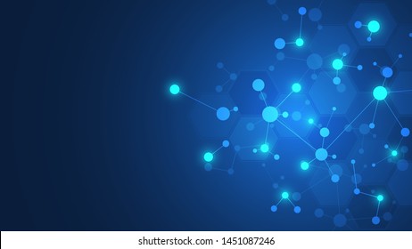 Abstract background of molecules. Molecular structures or DNA strand, genetic engineering, neural network, innovation technology, scientific research. Technological, science and medicine concept.