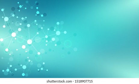 Abstract background of molecules. Molecular structures or DNA strand, genetic engineering, neural network, innovation technology, scientific research. Technological, science and medicine concept.