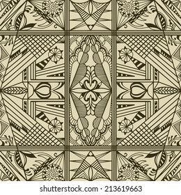 Abstract background, monochrome seamless texture, retro geometric ornament, lace pattern, tribal ethnic decoration, hand drawn artwork