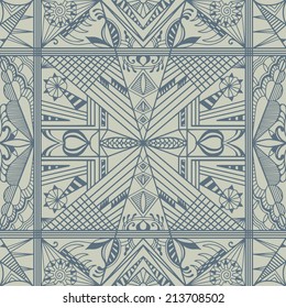 Abstract background, monochrome seamless texture, retro geometric ornament, lace pattern, tribal ethnic decoration, hand drawn artwork