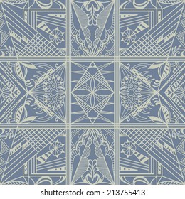 Abstract background, monochrome seamless texture, retro geometric ornament, lace pattern, tribal ethnic decoration, hand drawn artwork