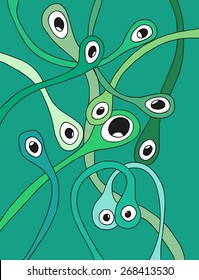 Abstract background with monsters eyes in green colors.