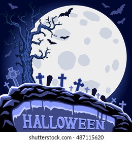 Abstract background with moon and tree on cemetery. Halloween Party design template. Vector