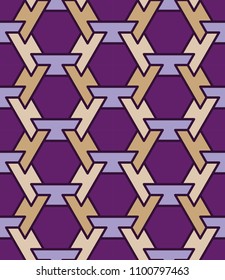 Abstract background. Morocco, arabic style. Repeated hexagon tiles mosaic consisting of complex forms. Seamless honeycomb pattern. Digital paper, textile. Vector illustration. Purple, gray, blue.