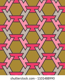 Abstract background. Morocco, arabic style. Repeated hexagon tiles mosaic consisting of complex forms. Seamless honeycomb pattern. Digital paper, textile. Vector illustration. Pink, braun, purple.