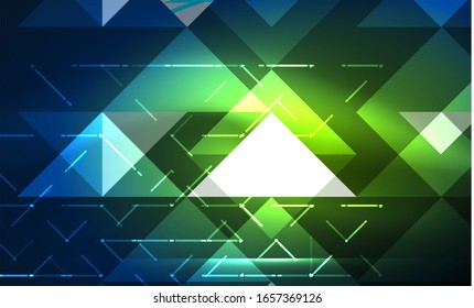 Abstract background, mosaic triangle pattern with transparent effects on glowing neon shiny backdrop. Vector Illustration For Wallpaper, Banner, Background, Card, Book Illustration, landing page