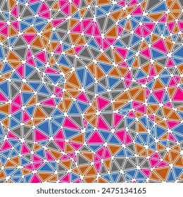 Abstract background with mosaic triangle shapes. Rounded solid shapes in frames. Compact triangles size. Multiple colors style. Repeatable pattern. Creative vector tiles. Seamless vector illustration.