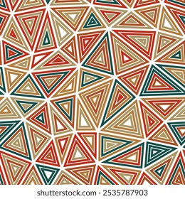Abstract background with mosaic triangle shapes. Multiple repeated inner triangles. Large triangles size. Multicolored style. Seamless pattern. Creative vector tiles. Stylish vector illustration.