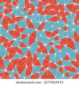 Abstract background with mosaic triangle shapes. Multiple repeated inner triangles. Compact triangles size. Multiple colors style. Seamless pattern. Creative vector tiles.