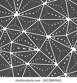 Abstract background with mosaic triangle shapes. Big triangle size. Multiple repeated inner triangles. Black and white style. Repeatable pattern. Creative vector tiles. Seamless vector illustration.