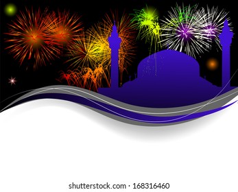 Abstract background with mosque and fireworks