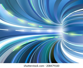 Abstract background with motion effect. Light trails in speed rotatory motion. Qualitative vector (EPS-10) backdrop in blue colors. It has transparency, blending modes, gradients 