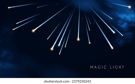 Abstract background with motion light. Space, cosmos, firework and comet light effect. Flyin asteroids. Quantum leap