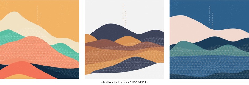 Abstract background with mountain forest vector. Geometric pattern in Japanese style. Wavy template with Art landscape card design.