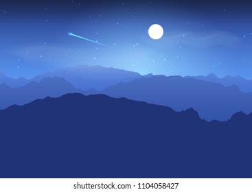 Abstract background with mountain landscape at night with shooting star in sky