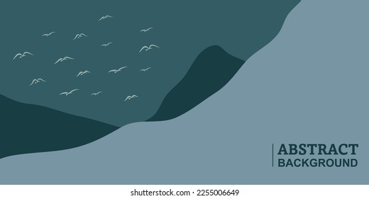 Abstract background with a mountain landscape theme with birds, flat illustration and dark colors.
