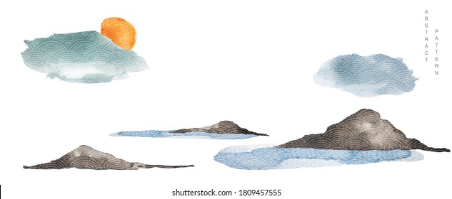 Abstract background with Mountain layout design. Japanese wave pattern vector with watercolor texture vector. Wide wallpaper in Asian style.